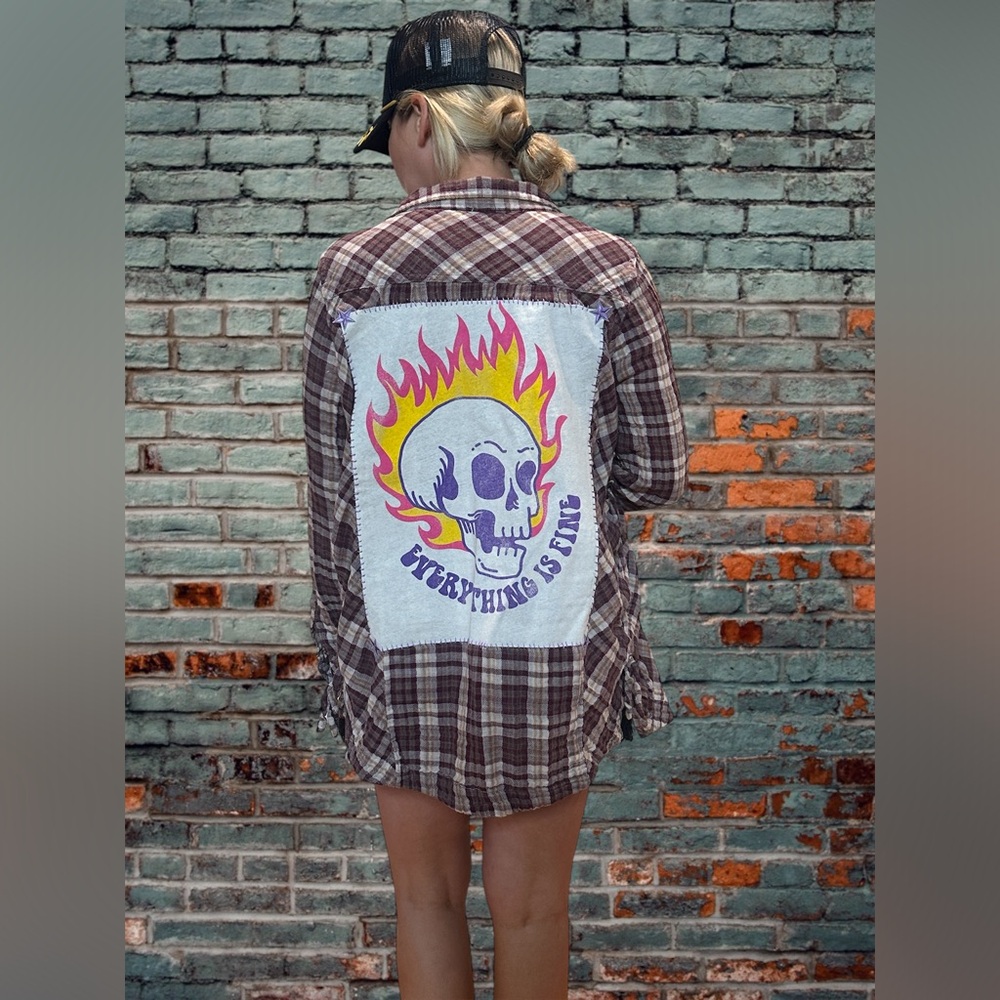 Handmade Flannel Shirt w/ Skull Graphic Back & Lace-Up Sides | Women’s M
